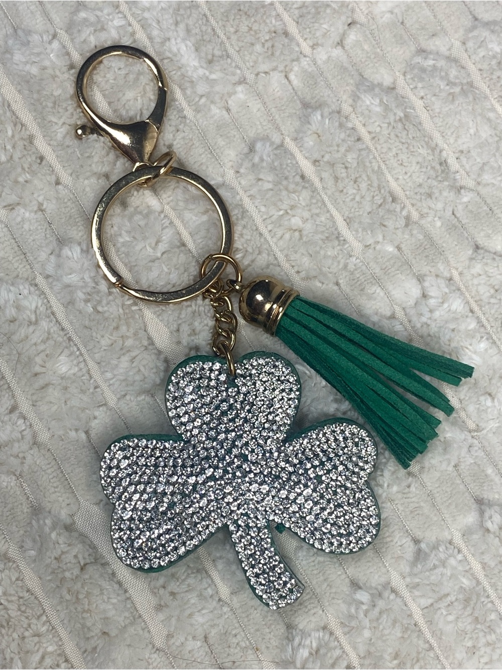 Rhinestone Shamrock Purse Charm Keychain Green Gold Tassel Four Leaf Clover Clip